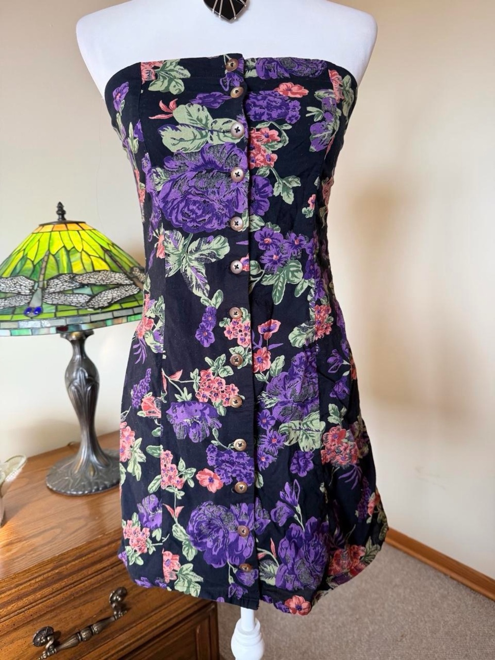 Forever 21 Black Strapless Floral Button-Front Dress with Purple & Pink Blooms